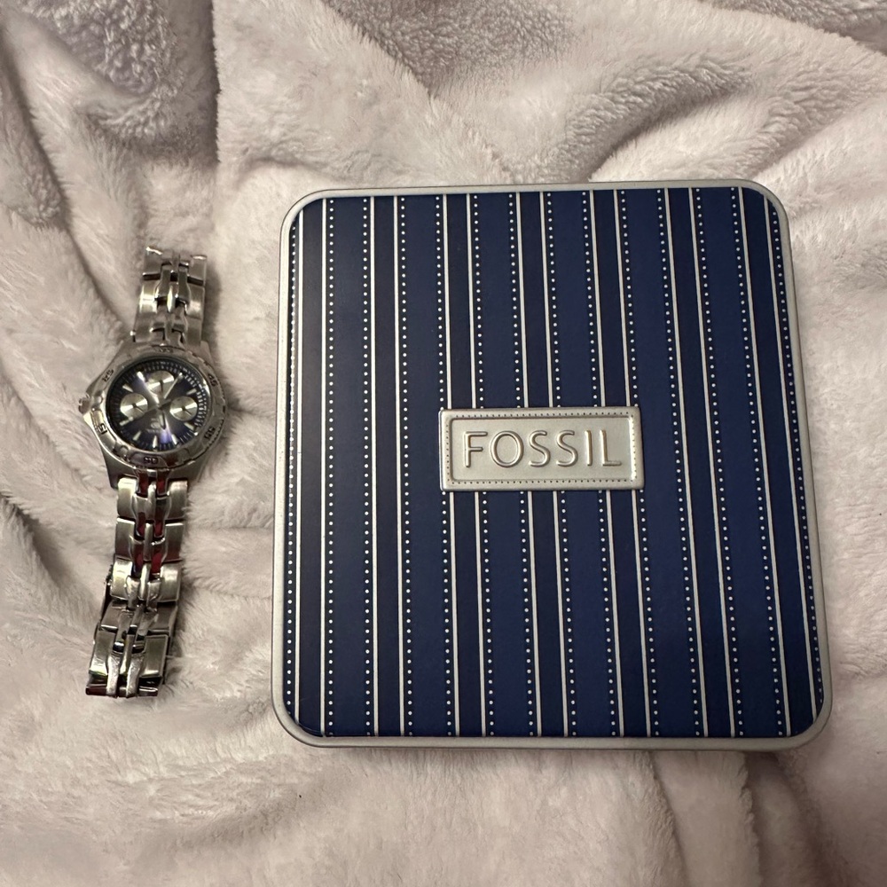 Fossil Silver Watch with Navy Dial